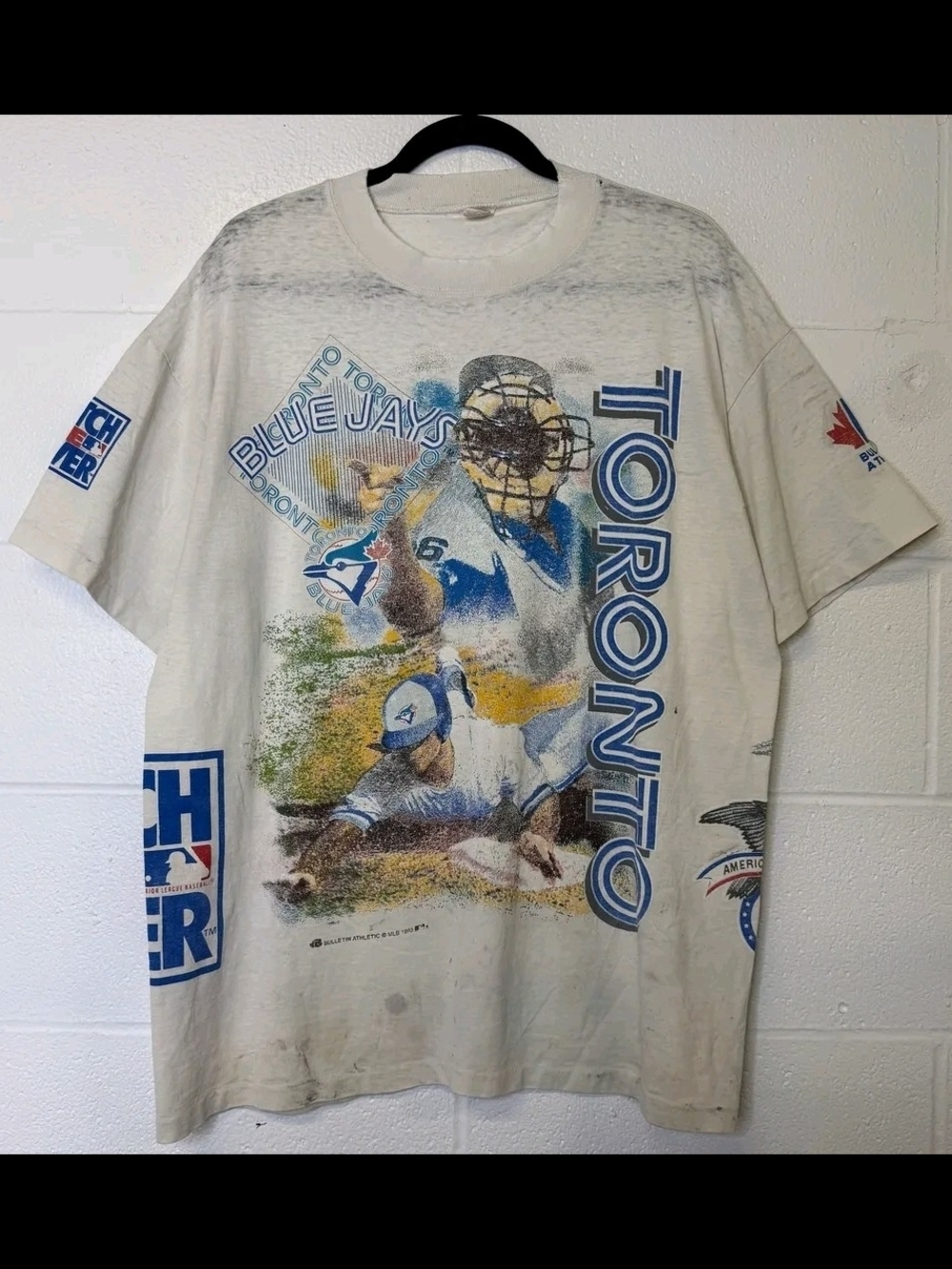 Vintage Toronto Blue Jays AOP Bulletin Athletic Graphic Tee Thin Distressed XL+